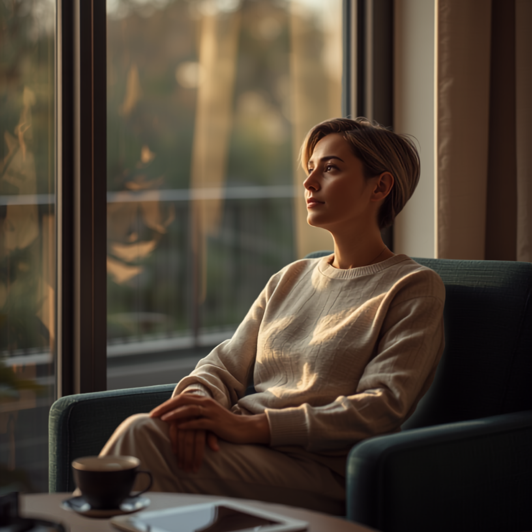 A person in a calm, reflective moment at home, thinking about their money.