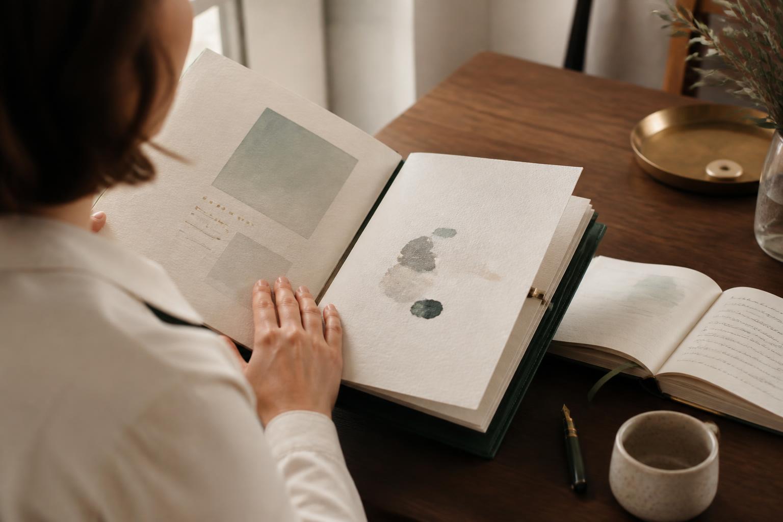 A person reviewing a printed personal profile at a warm workspace.