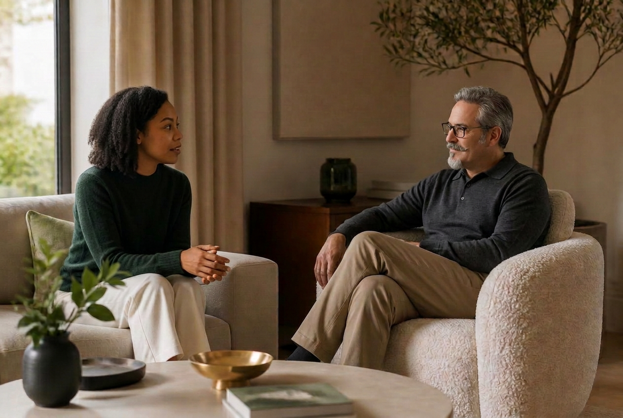 Two people in a calm room having a thoughtful conversation.